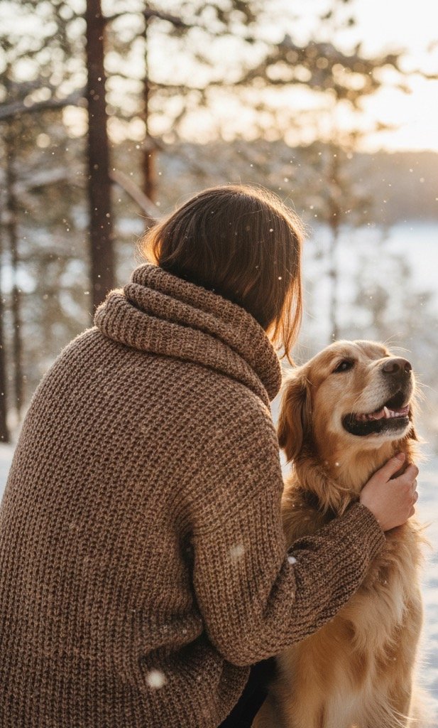 Séance photo canine en Haute-Loire, moment de complicité entre une propriétaire et son chien en extérieur, photographiés dans une ambiance hivernale naturelle.